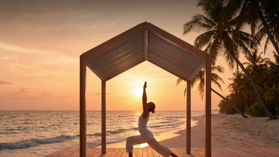  High Lunge at sunrise, ocean beyond the louvers.
