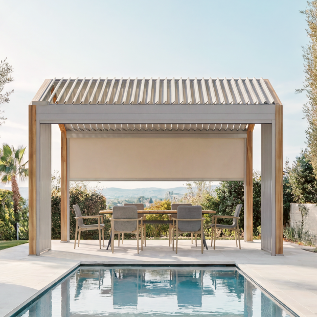 Oasis + Positano 10x12 ft Pergola & Dining Set Bundle for 6 Outdoor Patio