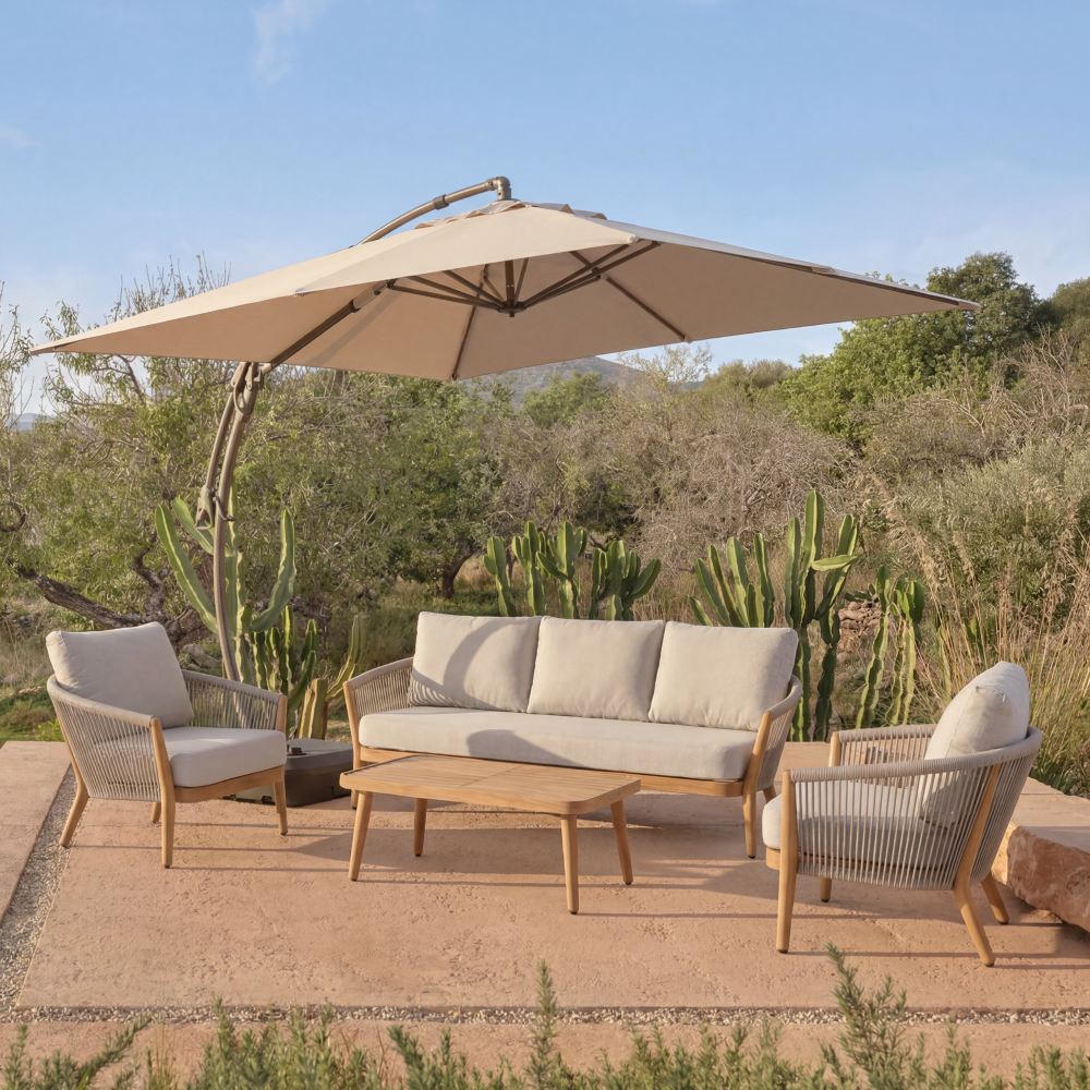 Marina + Riviera 10x10 ft Umbrella & Sofa Set Bundle for 5 Outdoor Patio