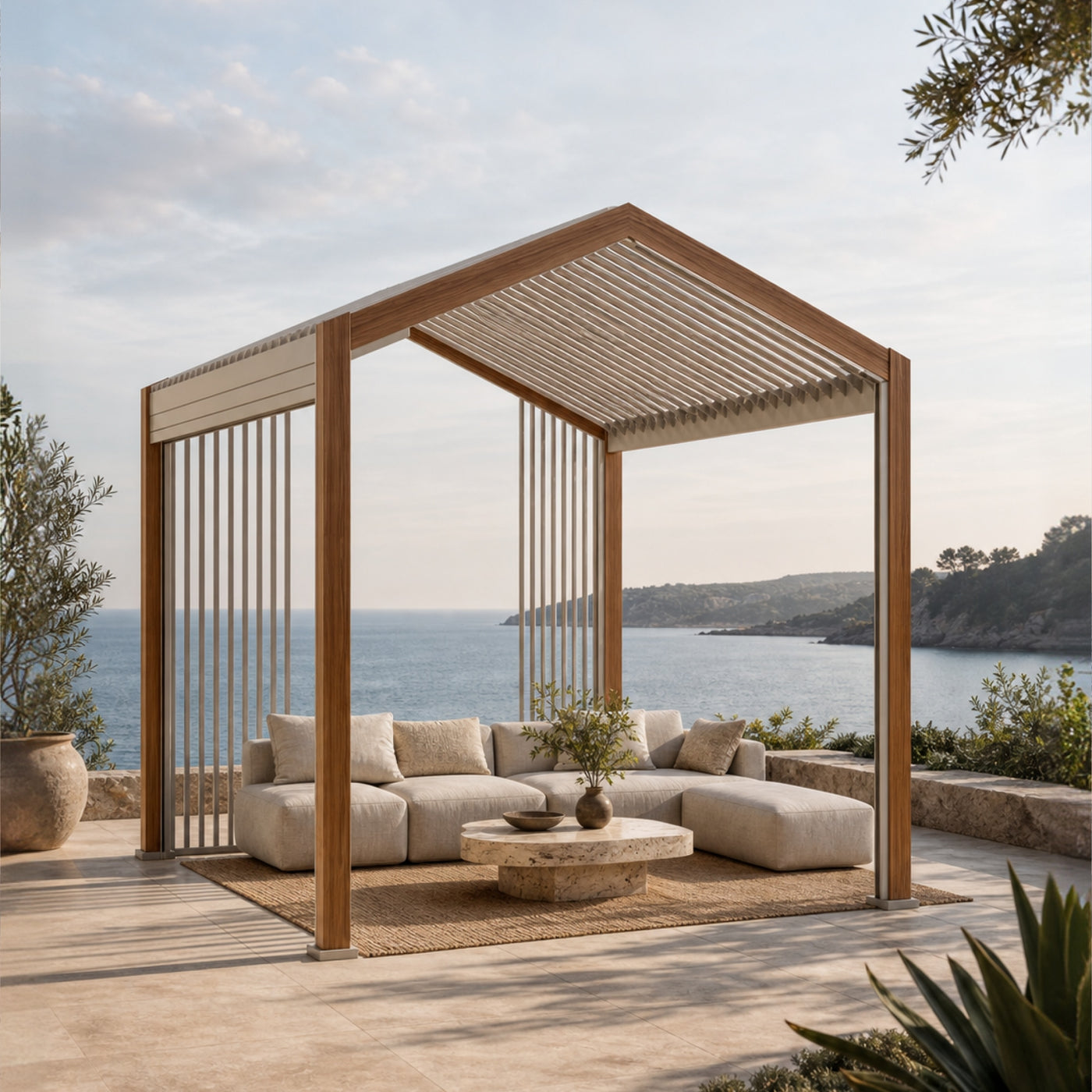 Oasis 10 x 10 ft Modern Aluminum Louvered Pergola with Pitched Roof Outdoor Patio