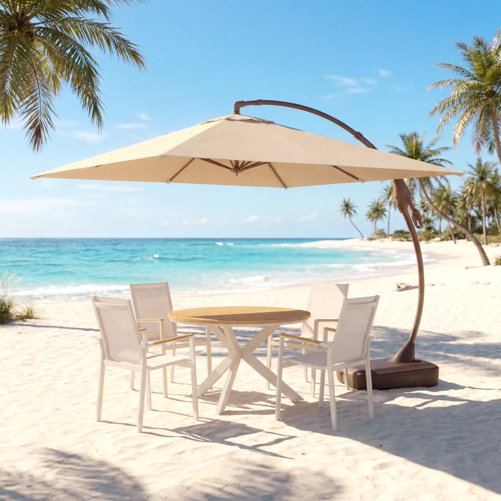 Marina + Mykonos 10x10 ft Umbrella & Dining Set Bundle for 4 Outdoor Patio