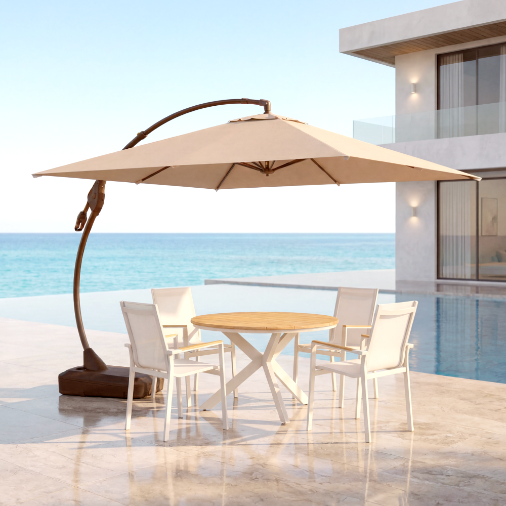 Marina + Mykonos 10x10 ft Umbrella & Dining Set Bundle for 4 Outdoor Patio