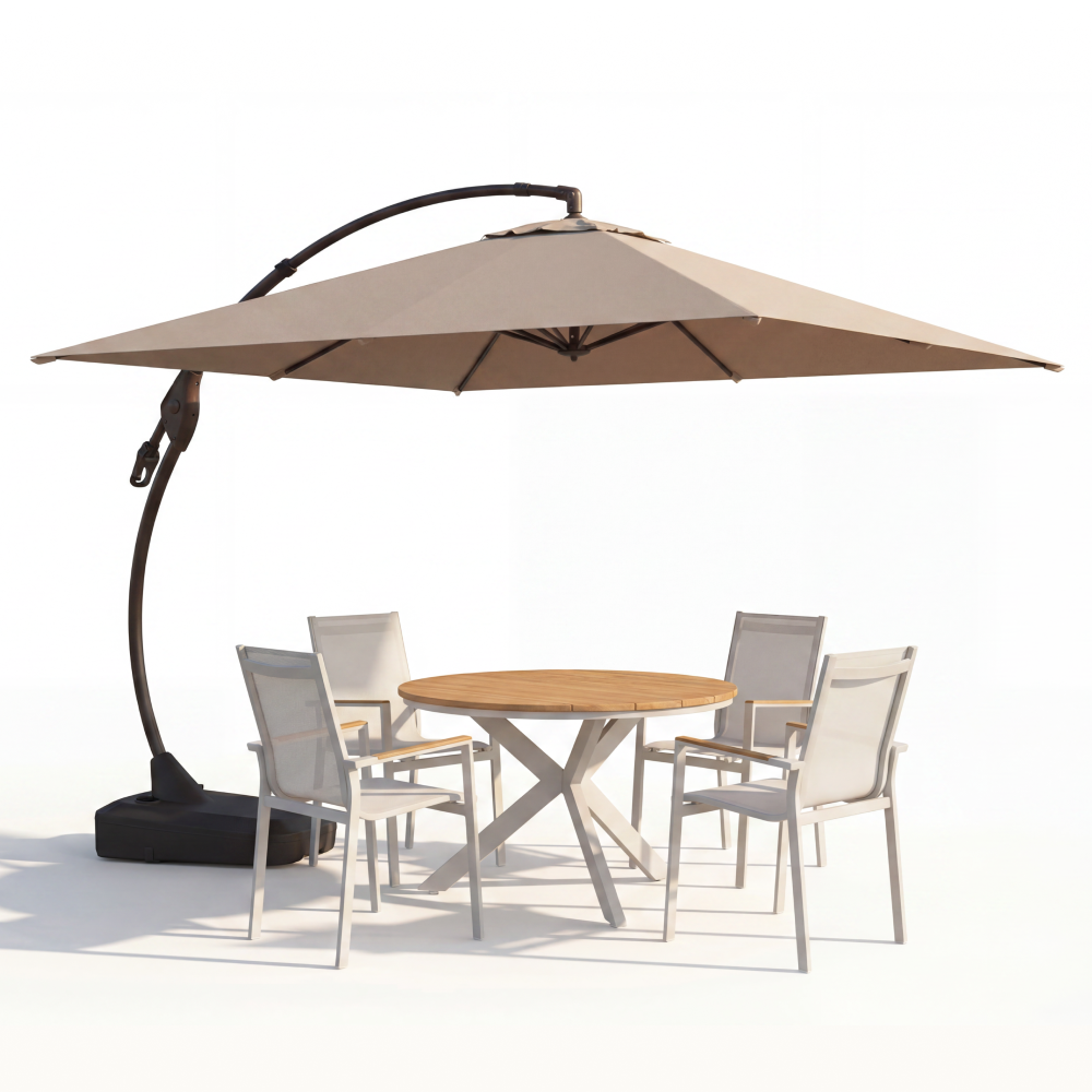 Marina + Mykonos 10x10 ft Umbrella & Dining Set Bundle for 4 Outdoor Patio