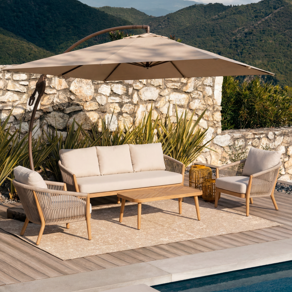 Marina + Riviera 10x10 ft Umbrella & Sofa Set Bundle for 5 Outdoor Patio