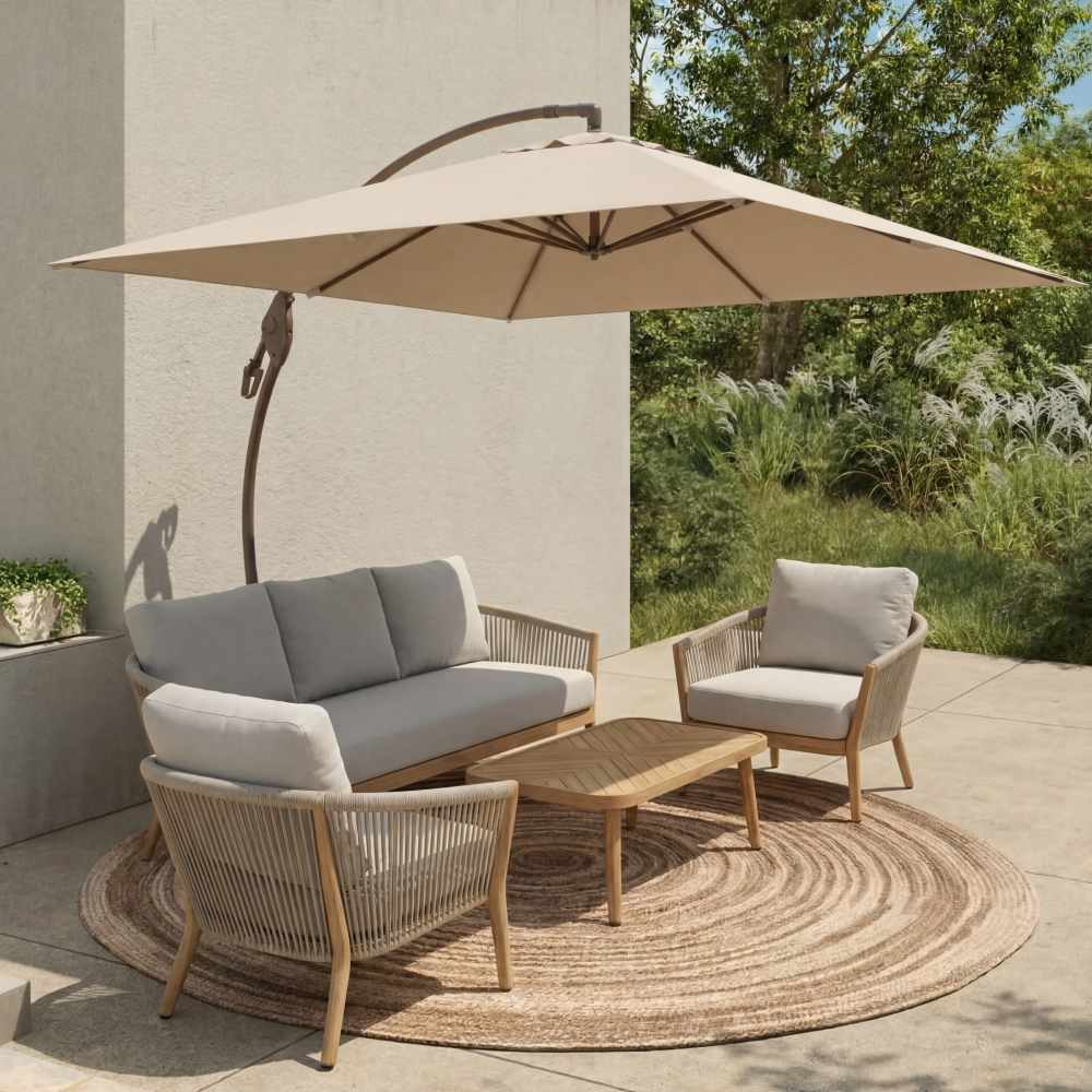 Marina + Riviera 10x10 ft Umbrella & Sofa Set Bundle for 5 Outdoor Patio