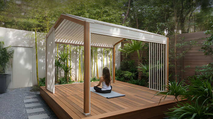 A quiet seated meditation, screens drawn, garden all around.