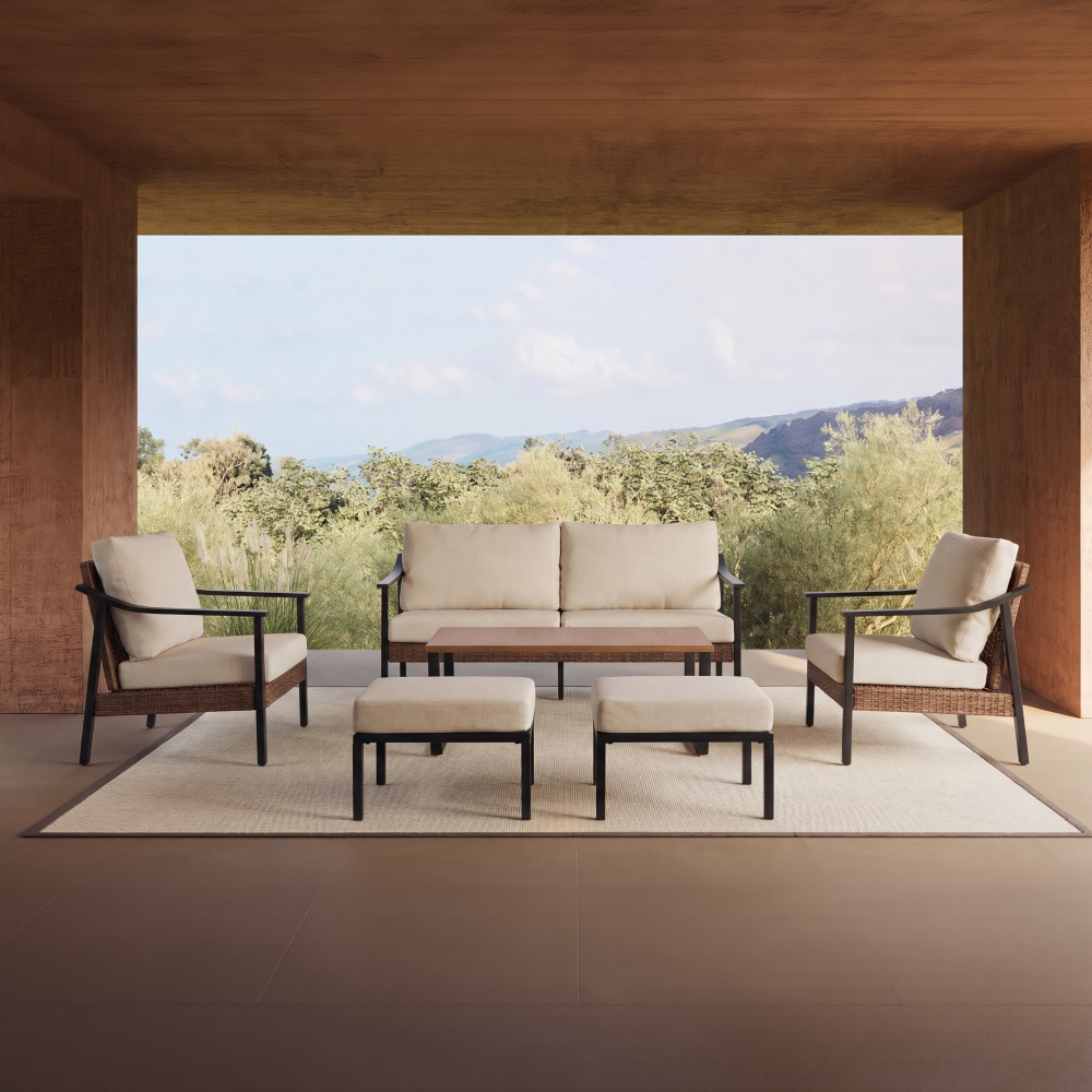 Tide Faux Wicker Sofa Set (6-Seater) with Olefin Cushions Outdoor Patio Furniture