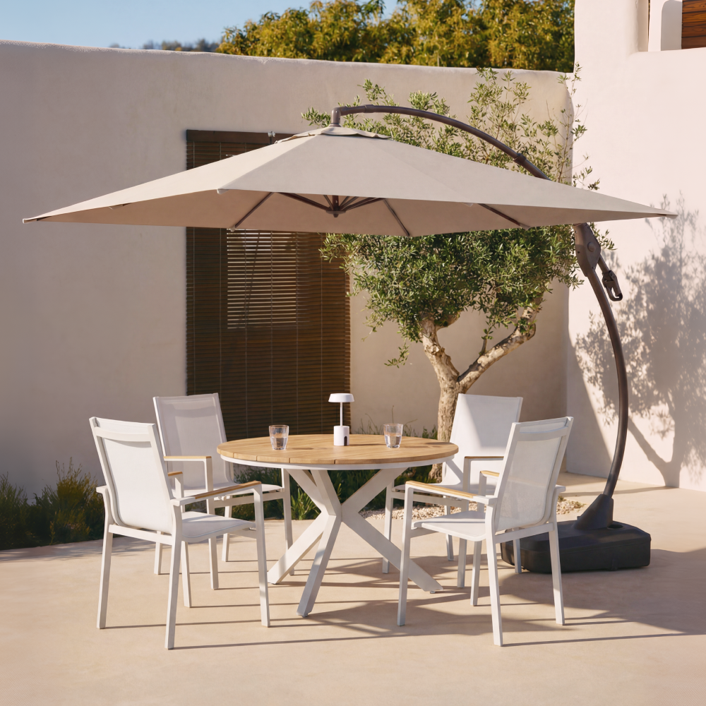 Marina + Mykonos 10x10 ft Umbrella & Dining Set Bundle for 4 Outdoor Patio