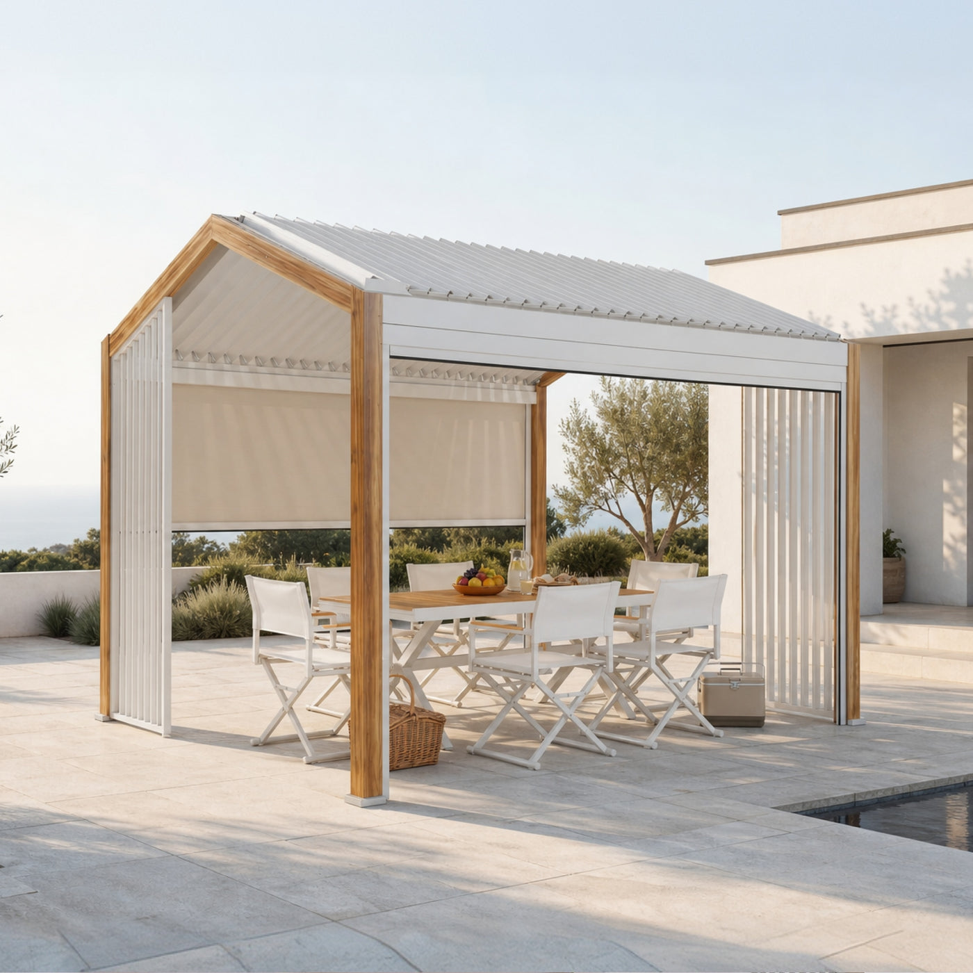Oasis + Breeze 10x10 ft Pergola & Dining Set Bundle for 6 Outdoor Patio