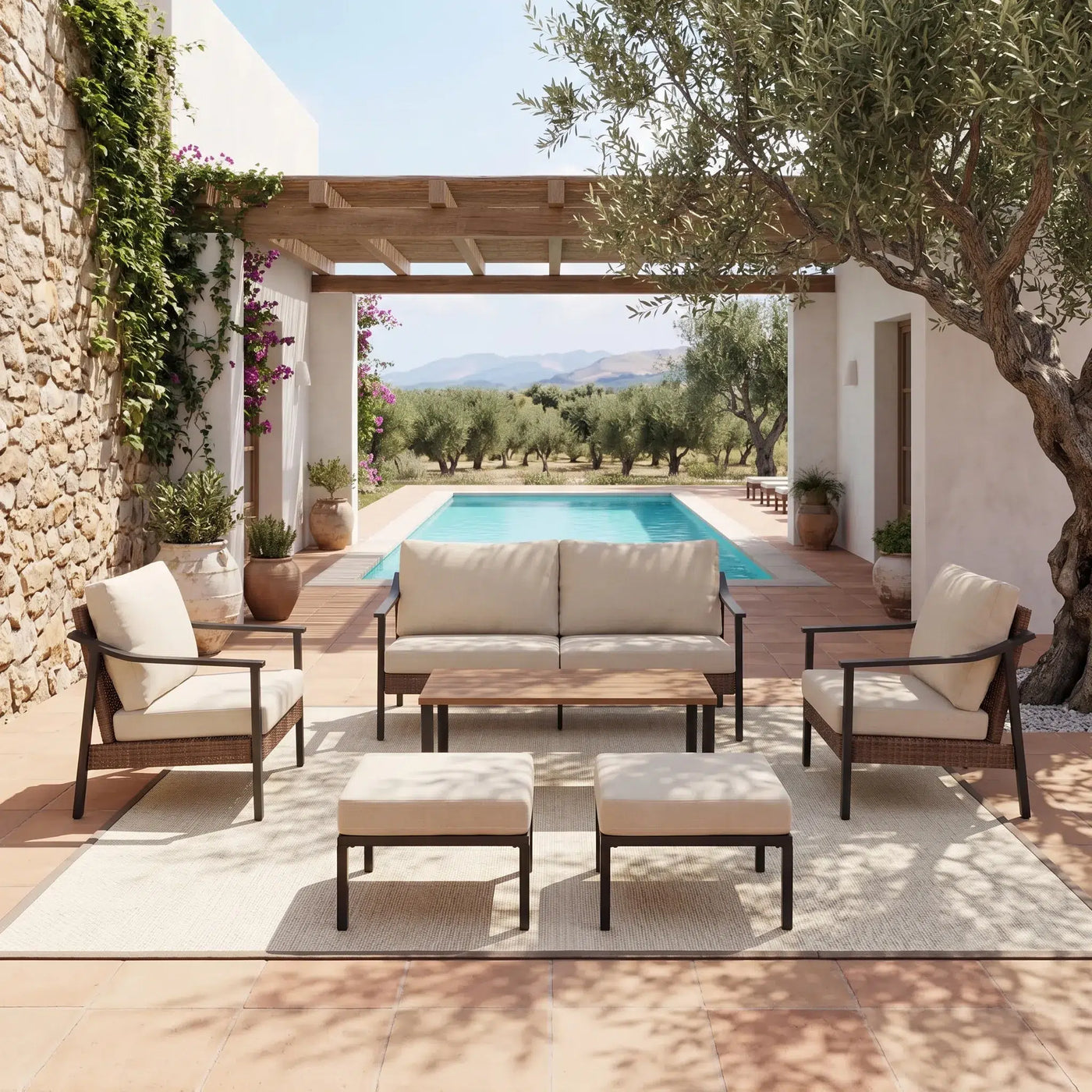 Tide Faux Wicker Sofa Set (6-Seater) with Olefin Cushions Outdoor Patio Furniture
