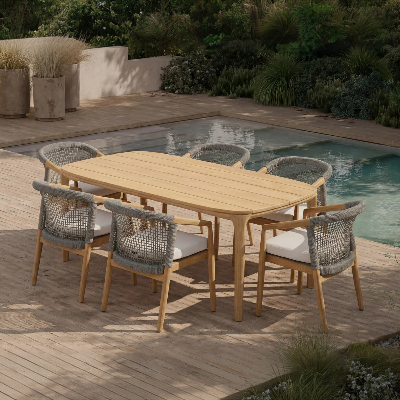 Maui Teak Dining Set for 6 (7-Piece) with Olefin Cushions Outdoor Patio Furniture