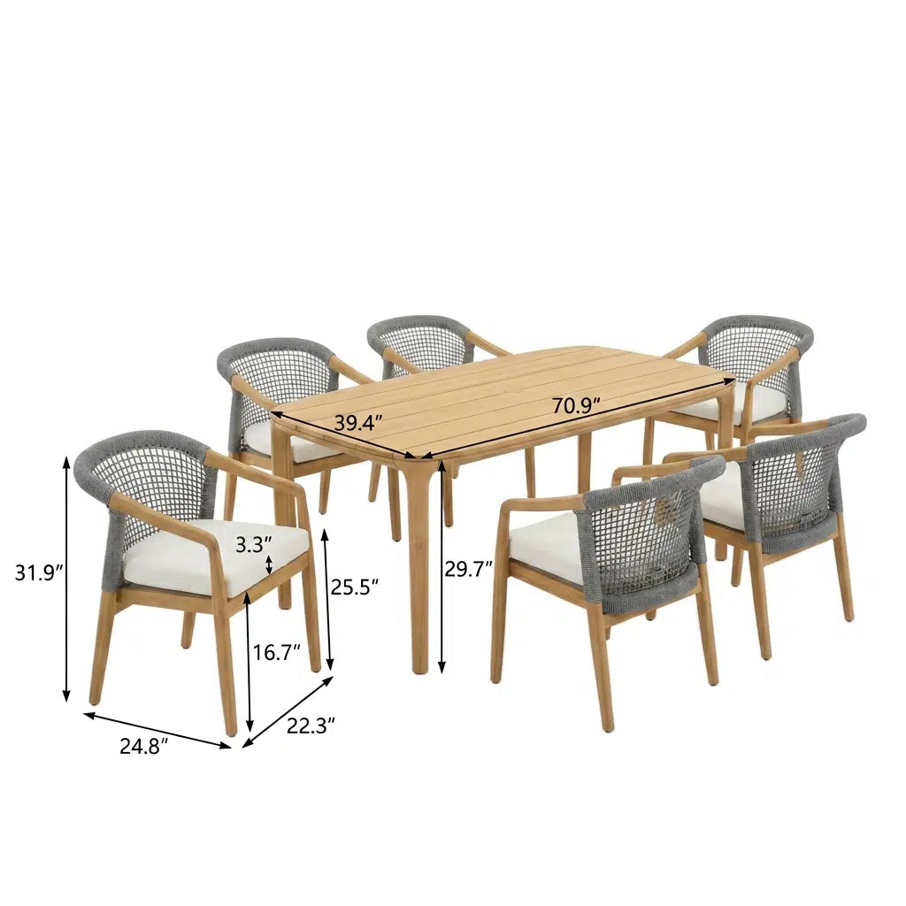 Maui Teak Dining Set for 6 (7-Piece) with Olefin Cushions Outdoor Patio Furniture