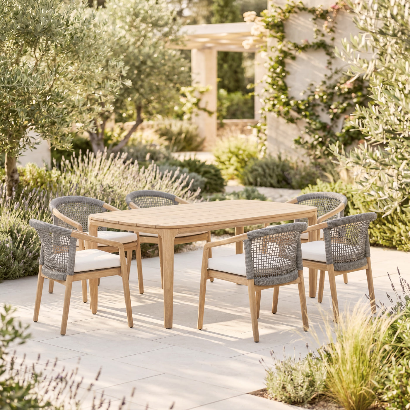 Maui Teak Dining Set for 6 (7-Piece) with Olefin Cushions Outdoor Patio Furniture
