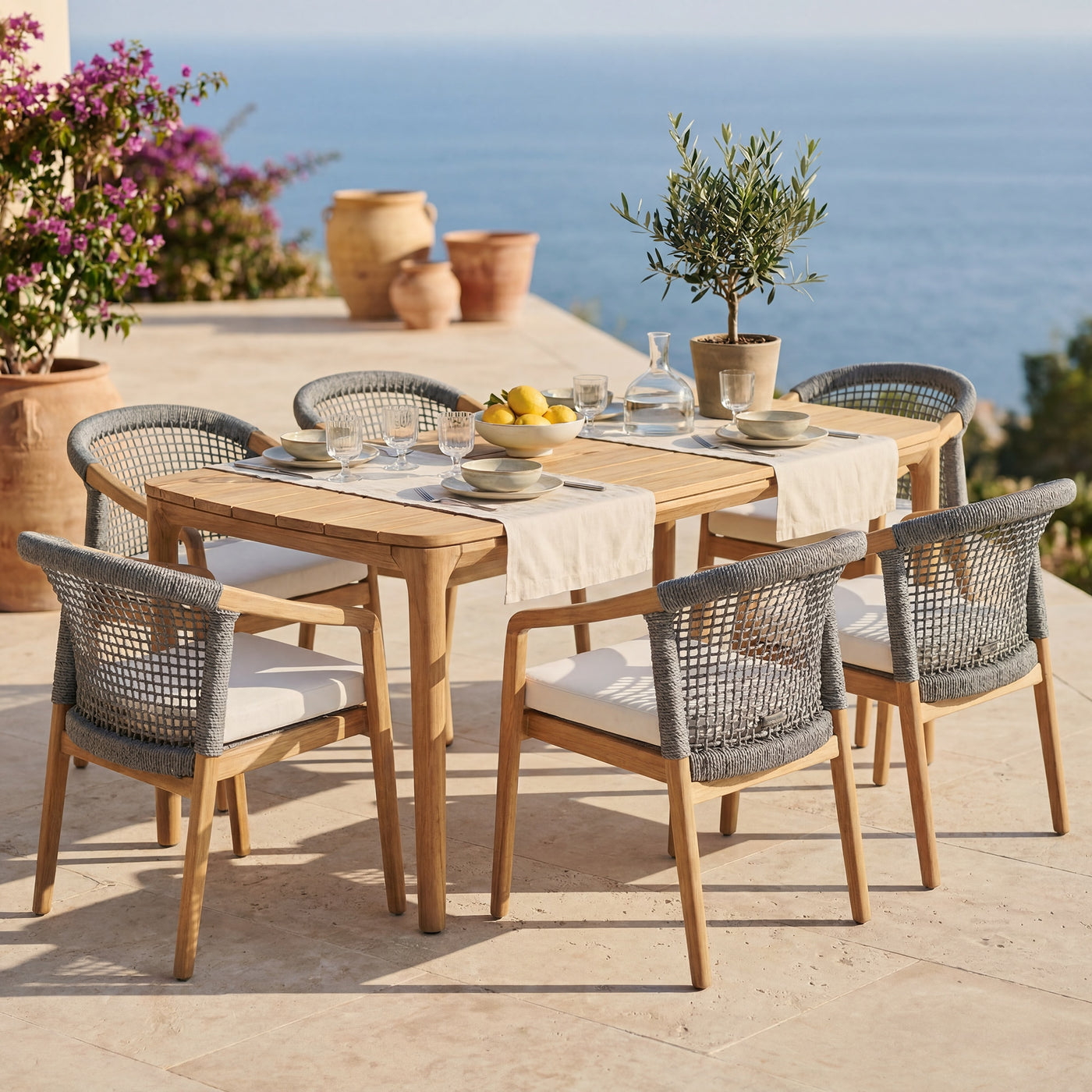 Maui Teak Dining Set for 6 (7-Piece) with Olefin Cushions Outdoor Patio Furniture