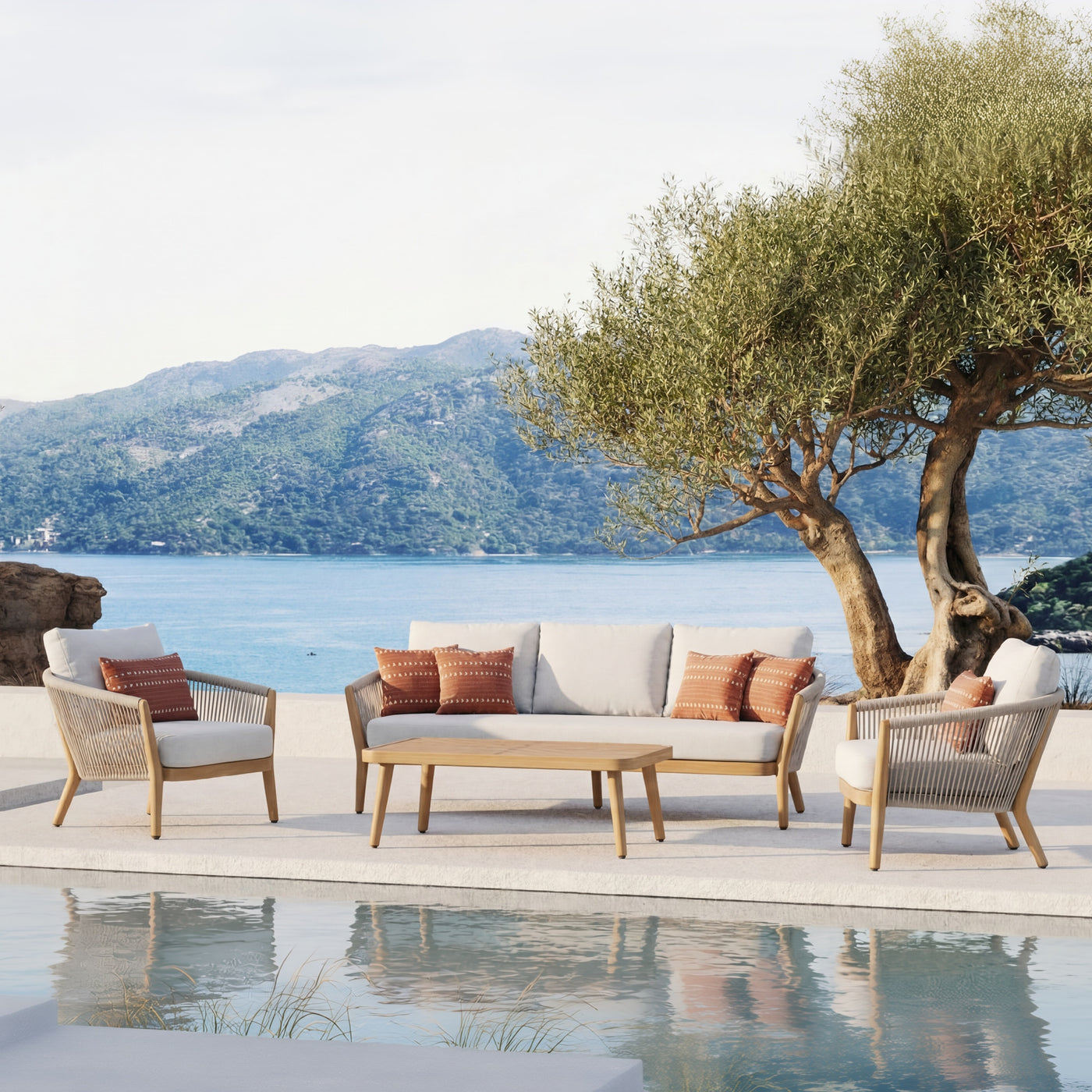 Riviera Faux Teak Aluminum Sofa Set (5-Seater) Outdoor Patio Furniture