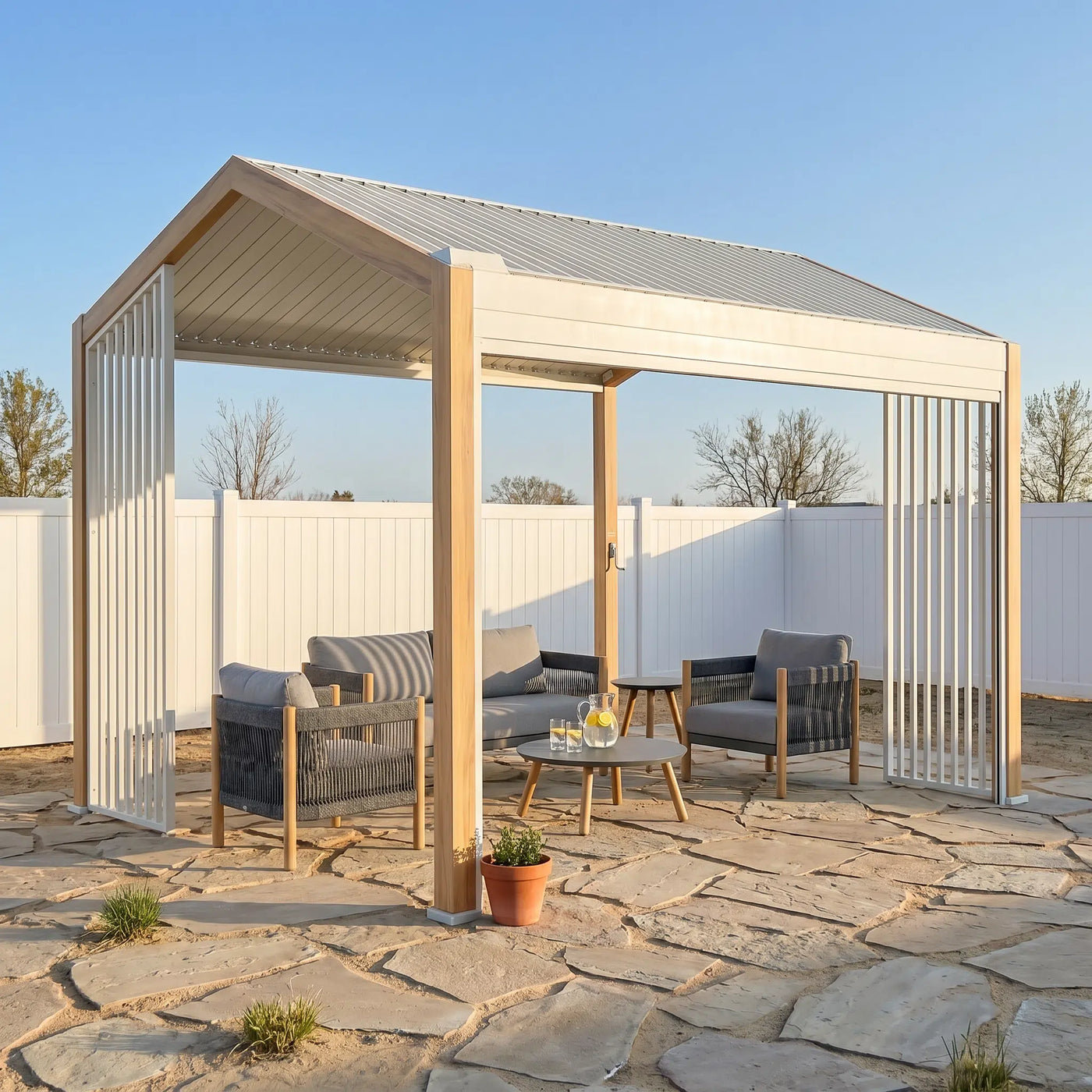 Oasis + Portofino 10x12 ft Pergola & Sofa Set Bundle for 4 Outdoor Patio