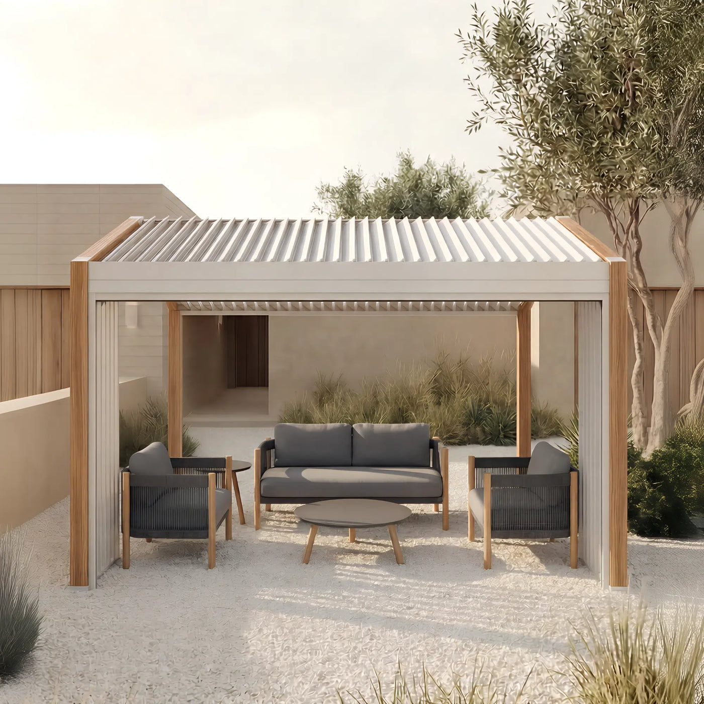 Oasis + Portofino 10x10 ft Pergola & Sofa Set Bundle for 4 Outdoor Patio