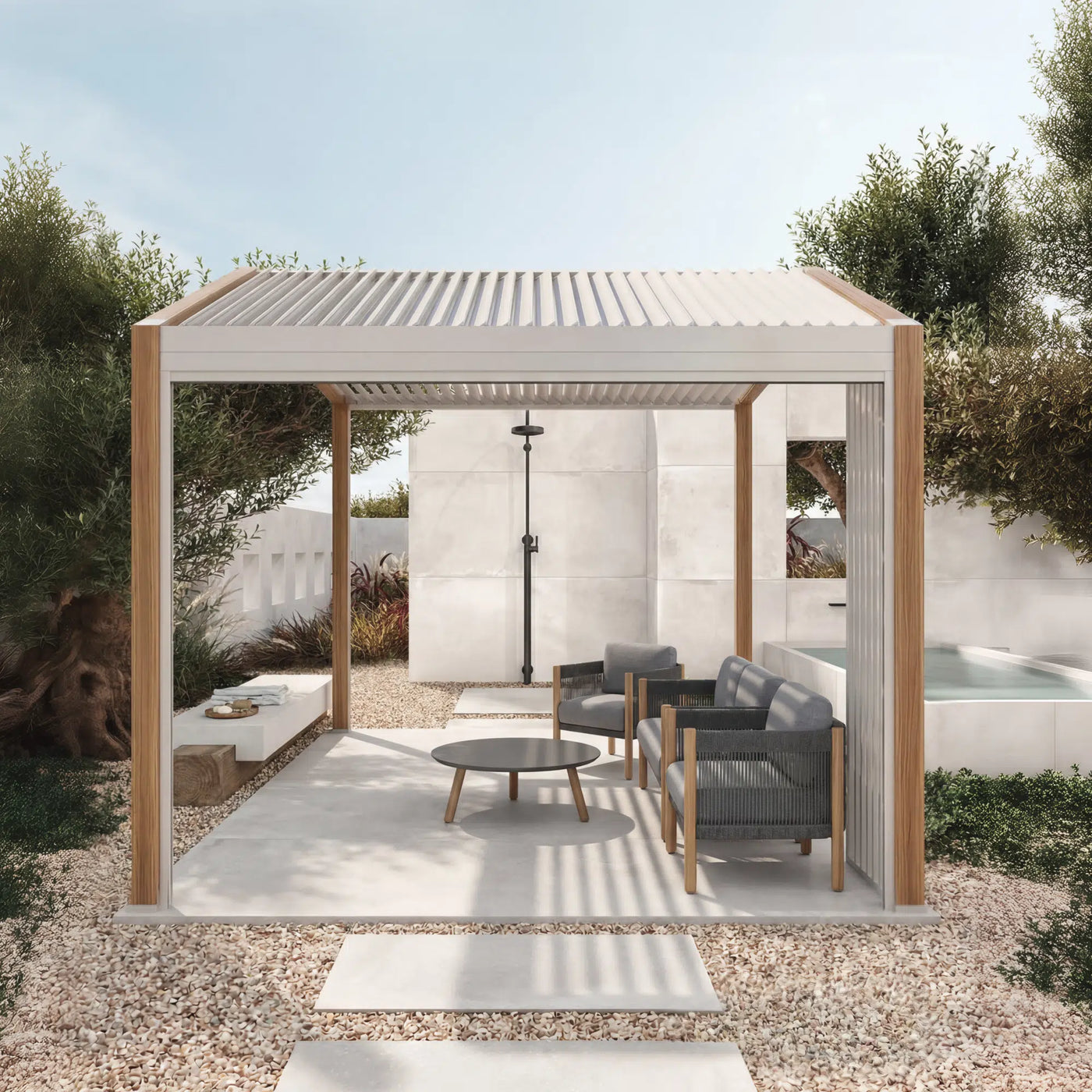 Oasis + Portofino 10x10 ft Pergola & Sofa Set Bundle for 4 Outdoor Patio