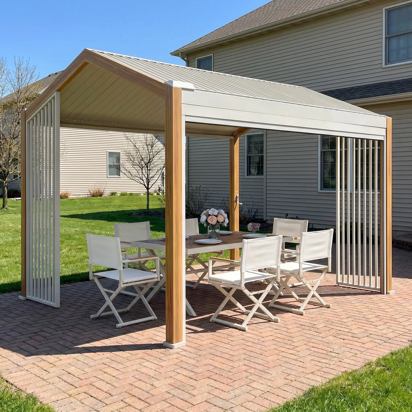 Oasis + Breeze 10x12 ft Pergola & Dining Set Bundle for 6 Outdoor Patio