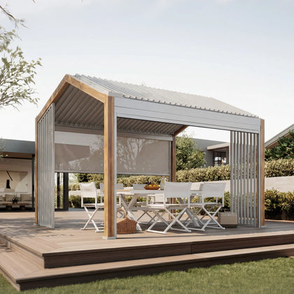Oasis + Breeze 10x10 ft Pergola & Dining Set Bundle for 6 Outdoor Patio