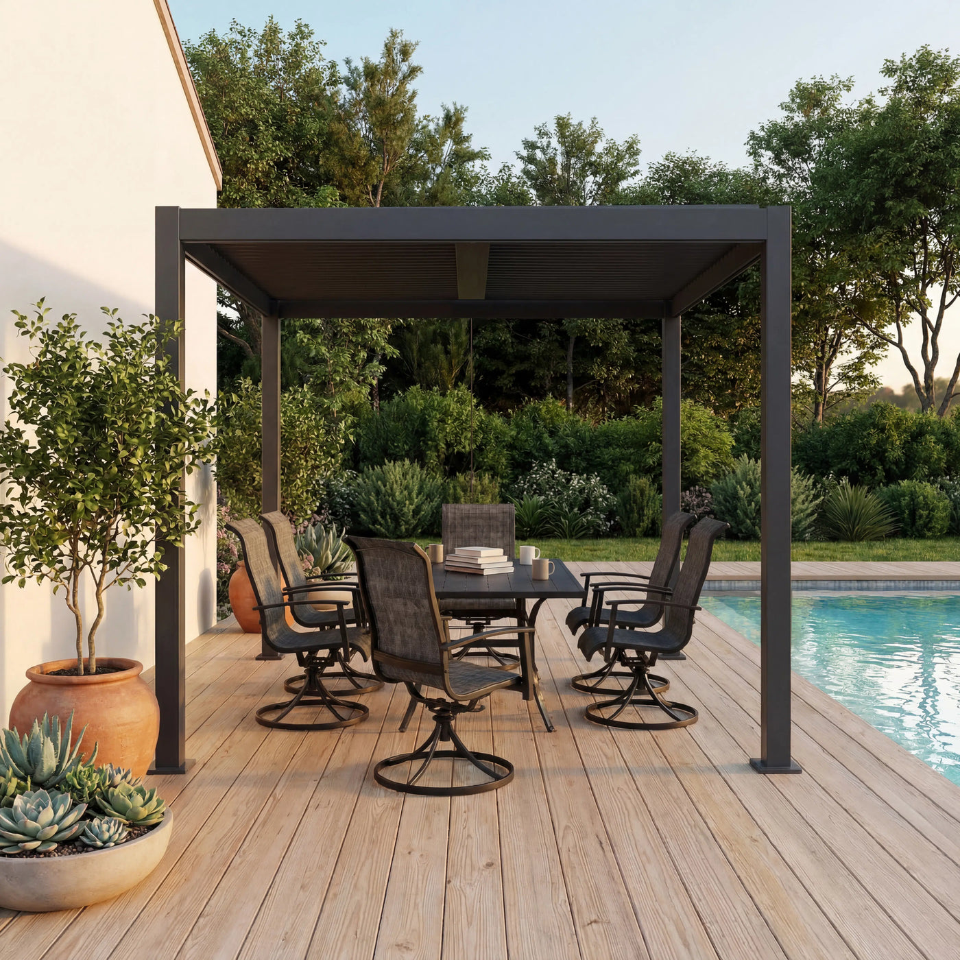 Shell + Wave 10x12 ft Pergola & Dining Set Bundle for 6 Outdoor Patio