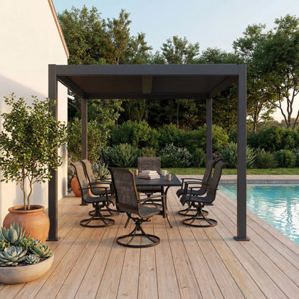 Shell + Wave 10x12 ft Pergola & Dining Set Bundle for 6 Outdoor Patio