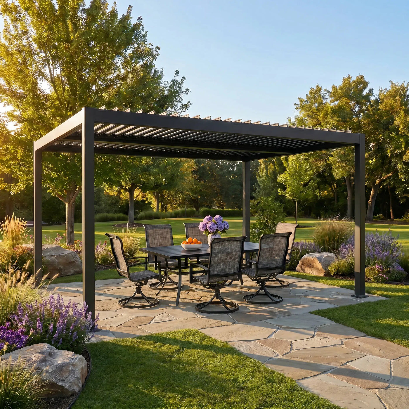 Shell + Wave 10x12 ft Pergola & Dining Set Bundle for 6 Outdoor Patio