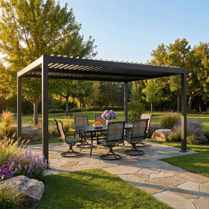 Shell + Wave 10x12 ft Pergola & Dining Set Bundle for 6 Outdoor Patio