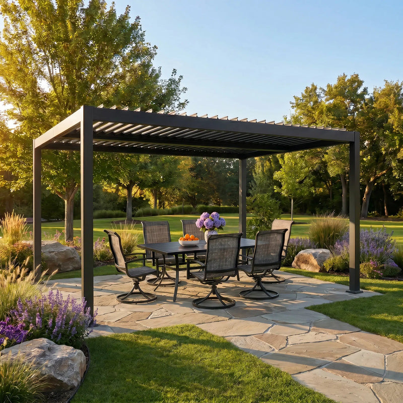 Shell + Wave 10x12 ft Pergola & Dining Set Bundle for 6 Outdoor Patio