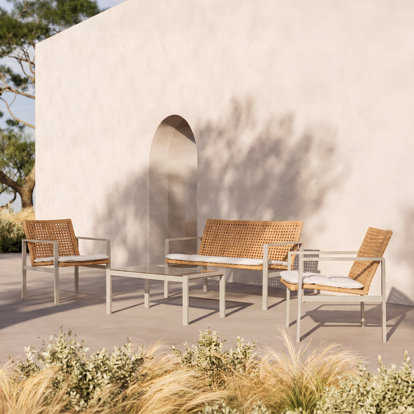 Aloha Faux Wicker Sofa Set with Cushions 4-Seater Outdoor Patio Furniture