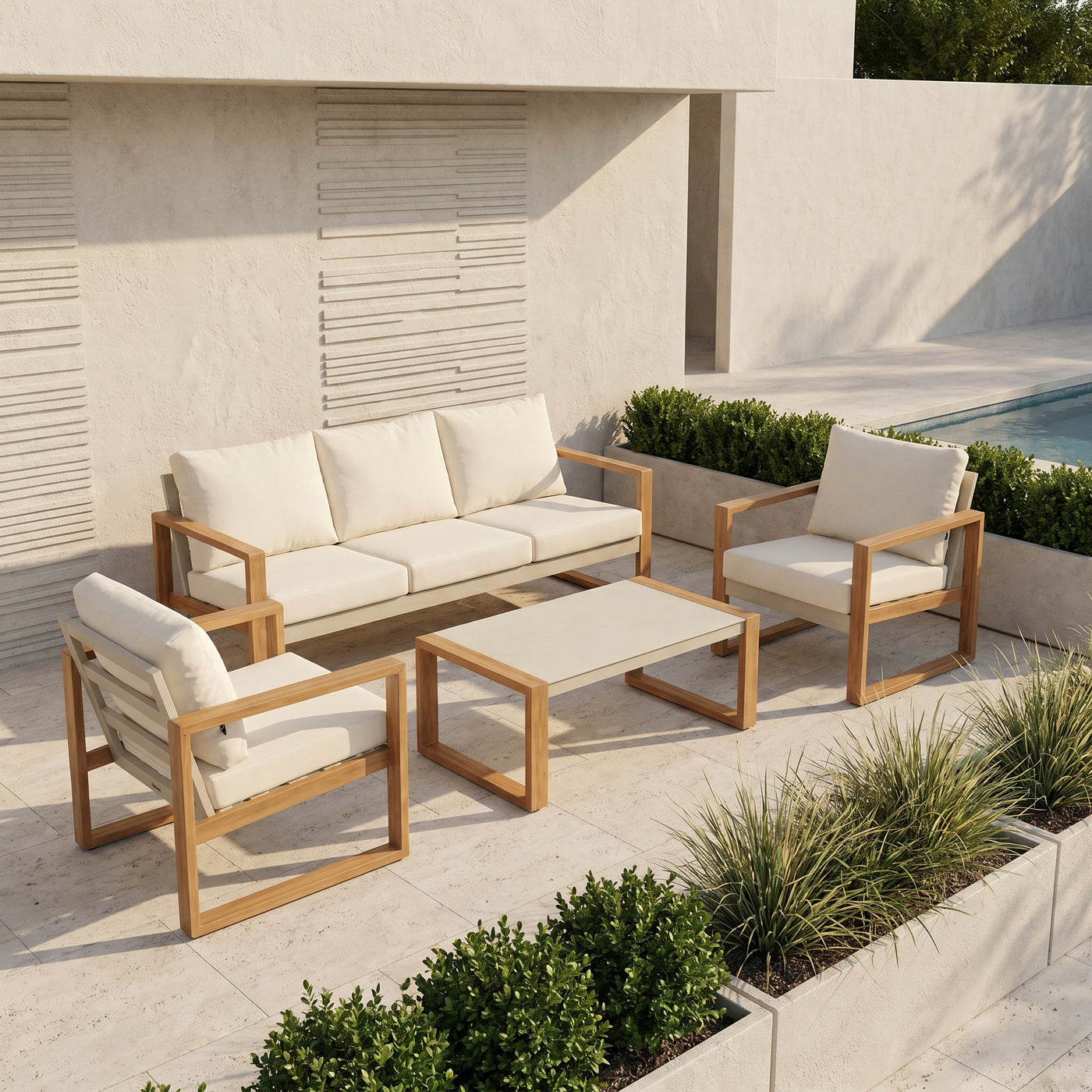 Sundown Faux Teak Aluminum Sofa Set (5-Seater) Outdoor Patio Furniture