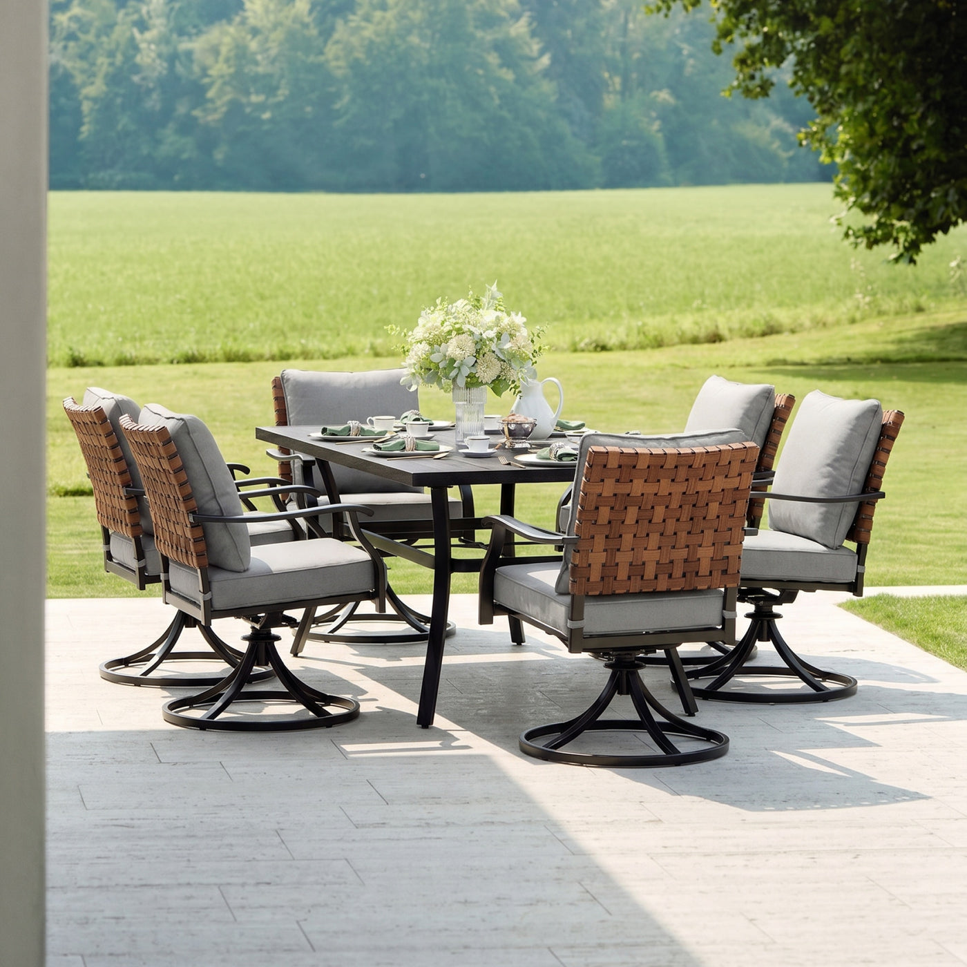 Banyan Faux Teak Steel Dining Set for 6 (7-Piece) Outdoor Patio Furniture