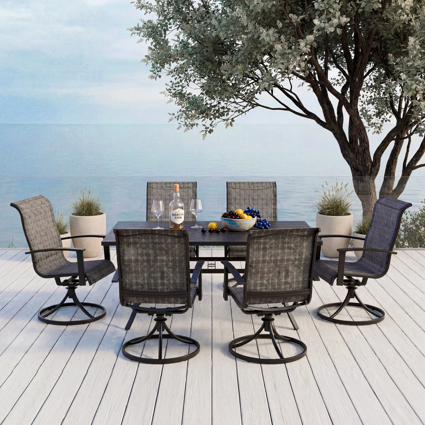 Wave Textilene Steel Dining Set for 6 (7-Piece) Outdoor Patio Furniture