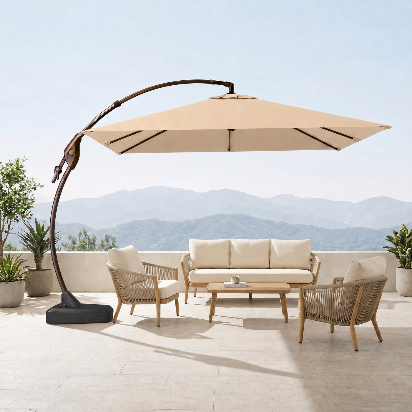 Marina + Riviera 10x10 ft Umbrella & Sofa Set Bundle for 5 Outdoor Patio