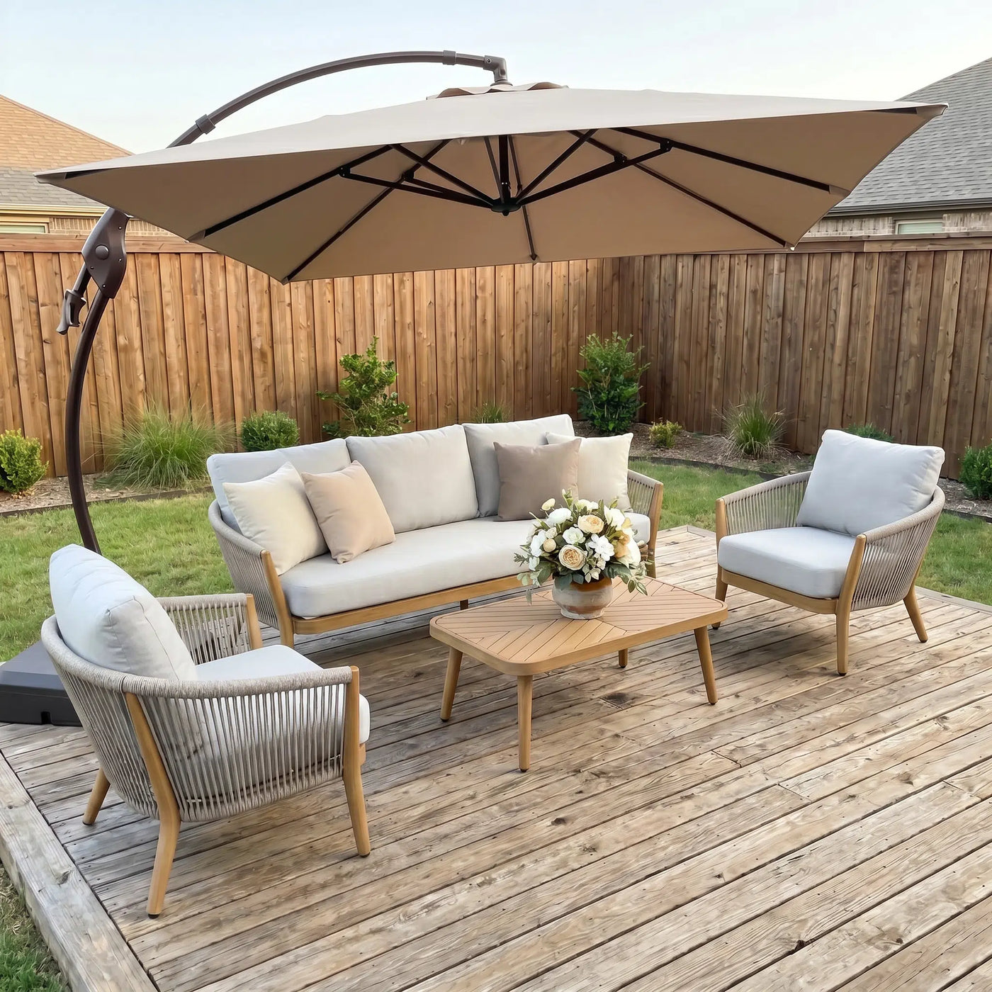 Marina + Riviera 10x10 ft Umbrella & Sofa Set Bundle for 5 Outdoor Patio