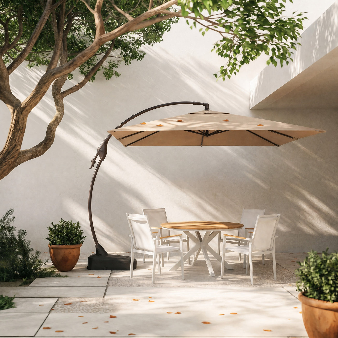 Marina + Mykonos 10x10 ft Umbrella & Dining Set Bundle for 4 Outdoor Patio