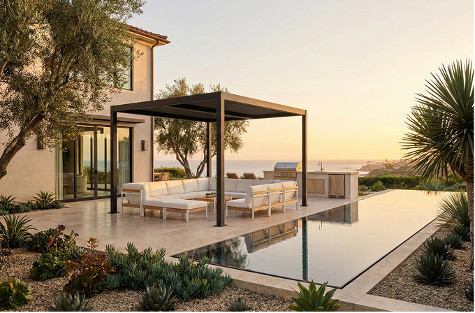 A PalmaYard pergola and outdoor dining area