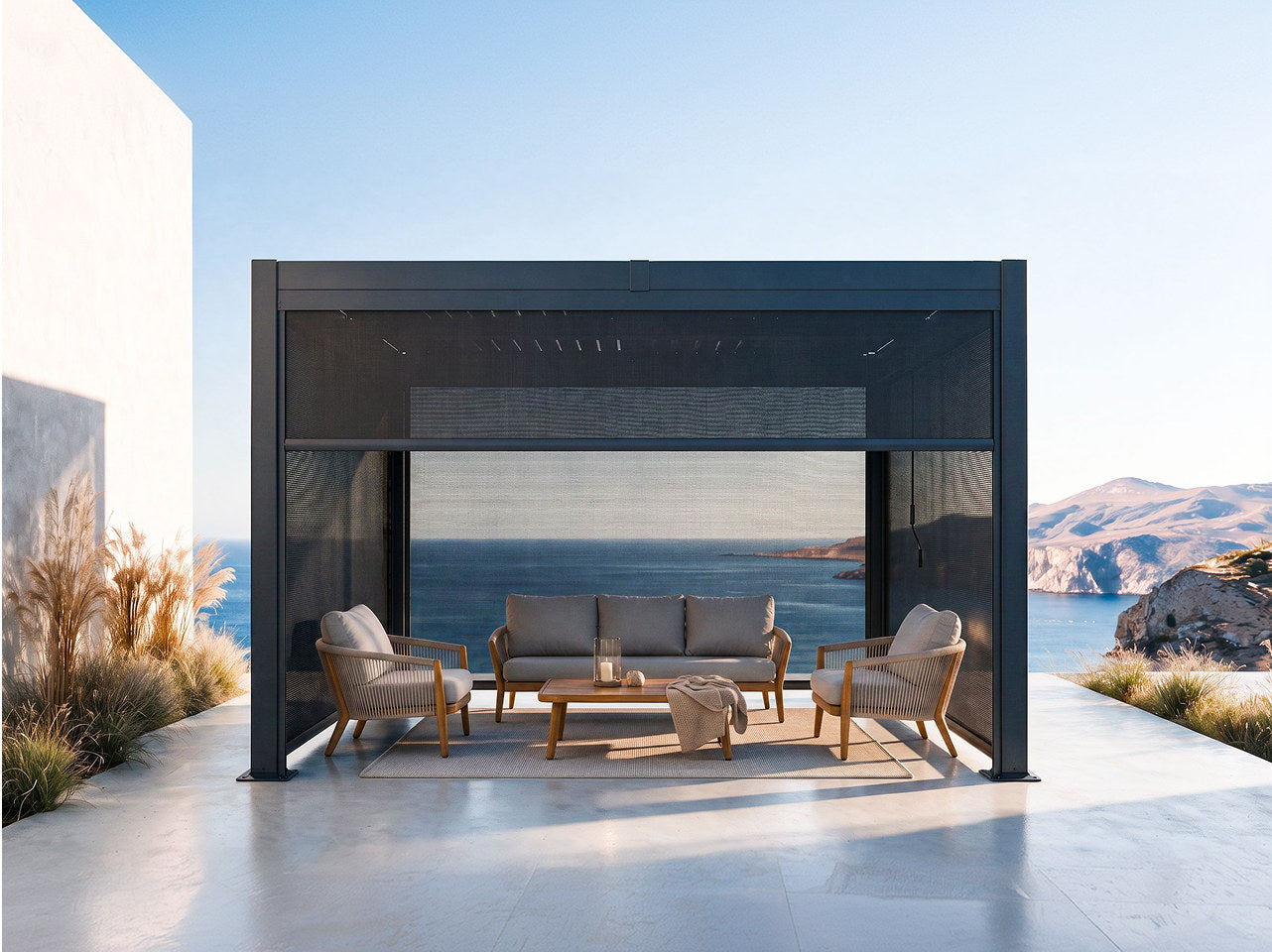 PalmaYard pergola with lounge seating overlooking the coast
