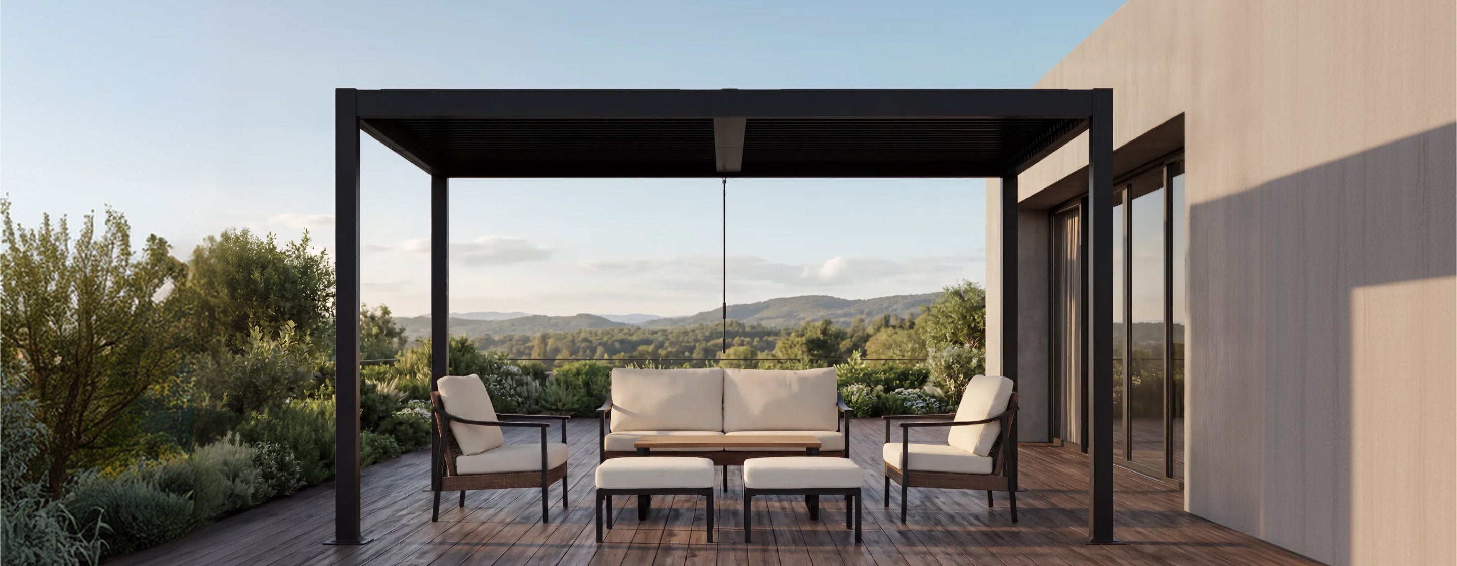 PalmaYard pergola with outdoor lounge seating on a wooden deck