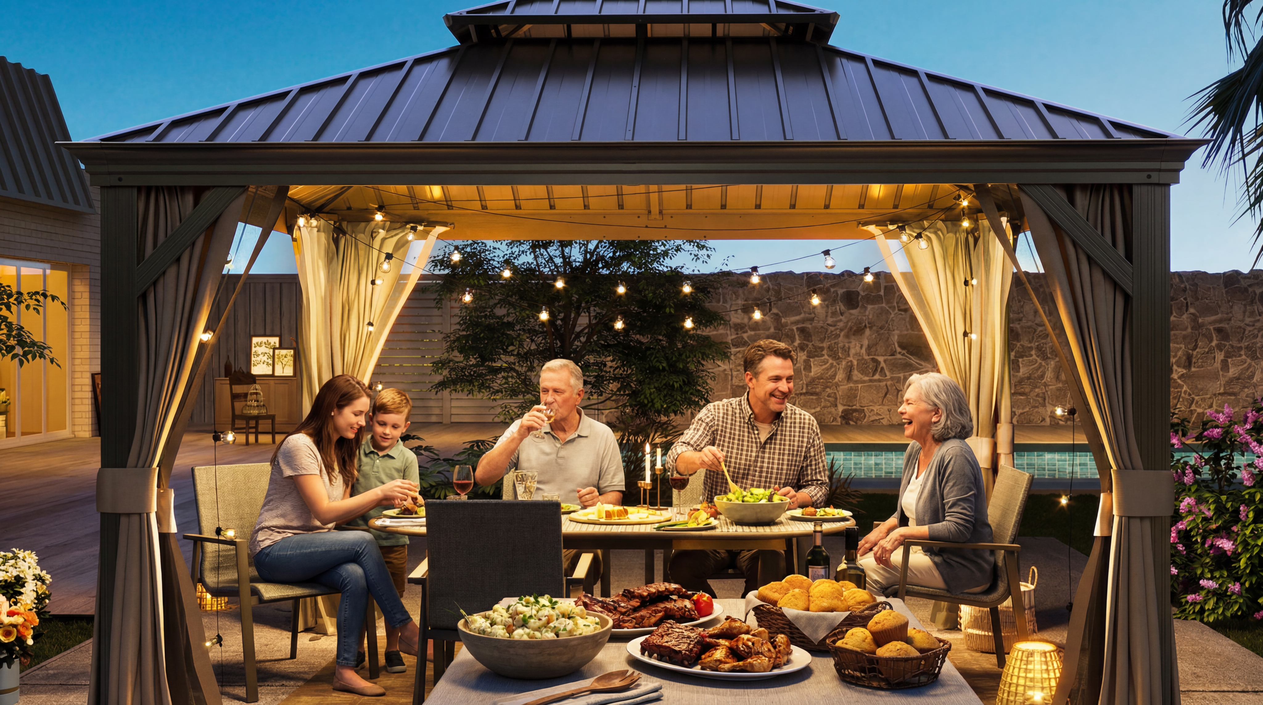 Outdoor dining under a pergola