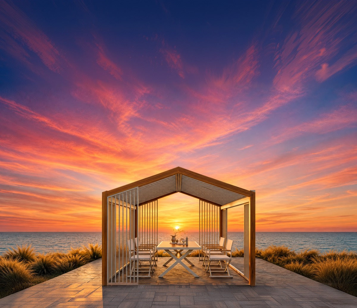 Pergola 2.0 in a coastal dining space at sunset
