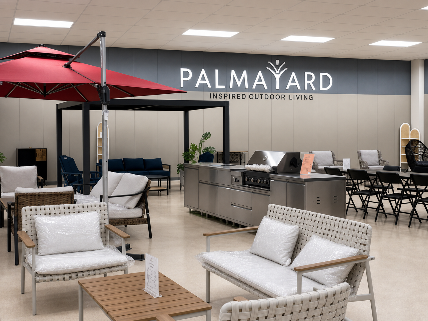 PalmaYard showroom with outdoor seating and umbrella displays