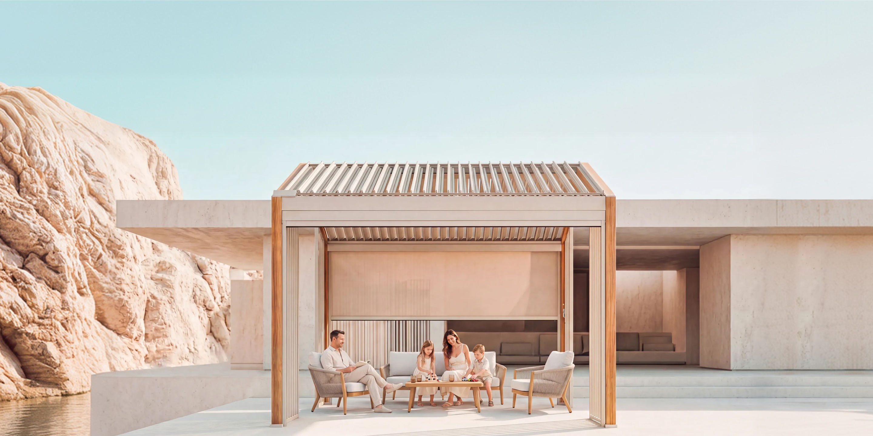 Family sitting under a PalmaYard pergola in an outdoor courtyard