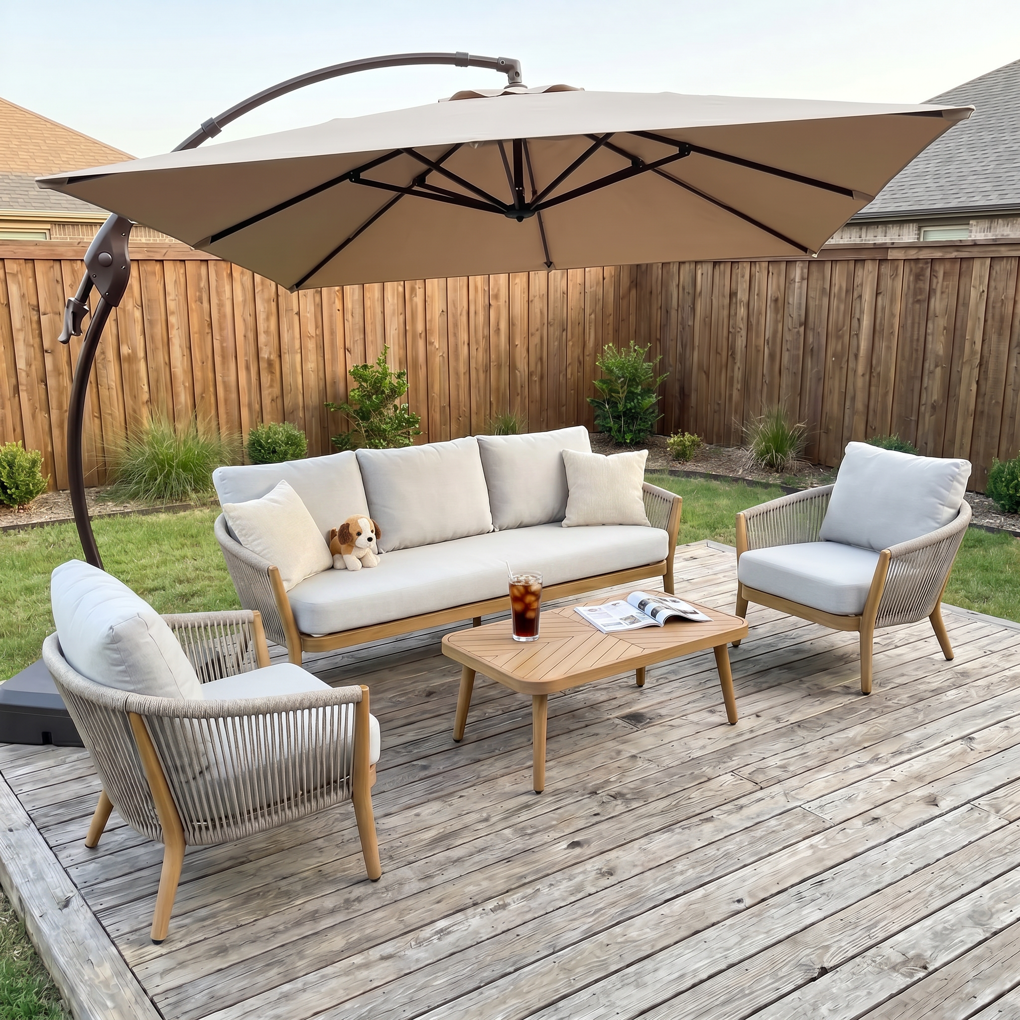 Marina + Riviera 10x10 ft Umbrella & Sofa Set Bundle for 5 Outdoor Patio
