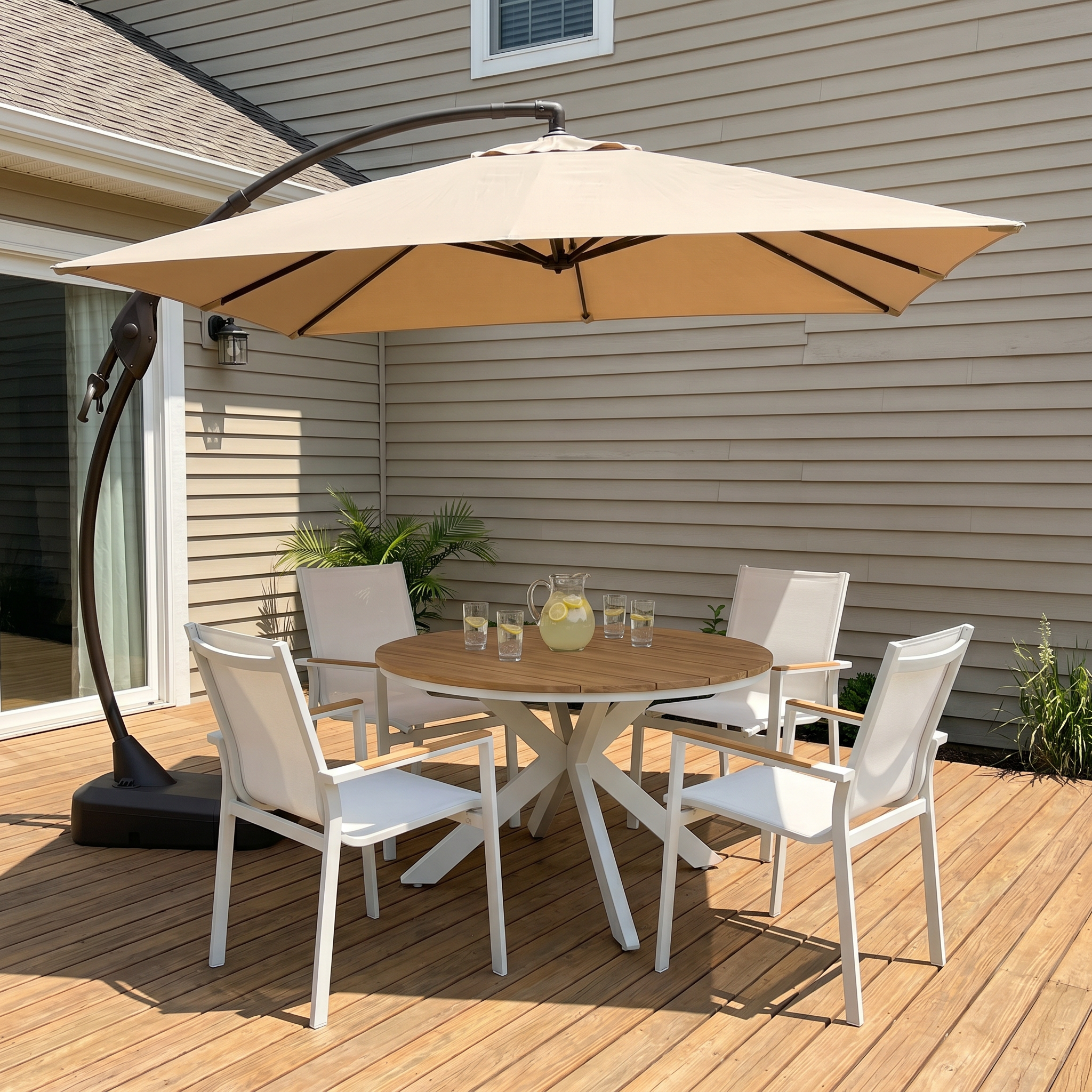 Marina + Mykonos 10x10 ft Umbrella & Dining Set Bundle for 4 Outdoor Patio